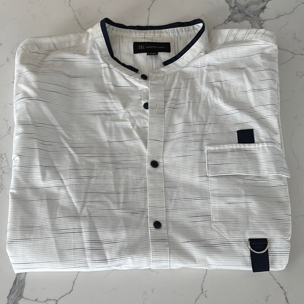 I-N-C White Striped Navy XXL Button-Up Shirt
